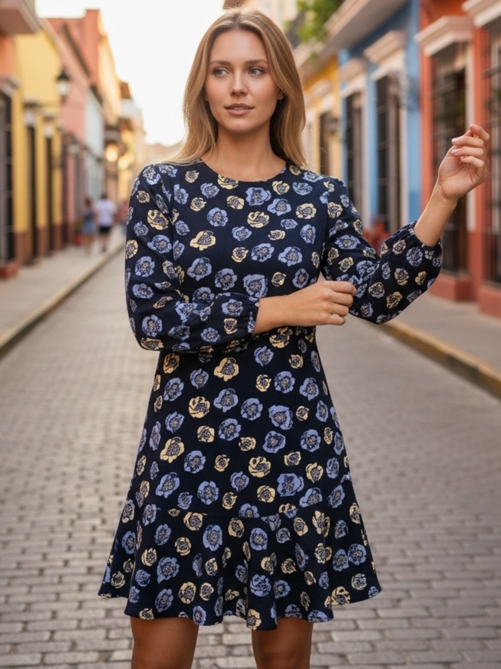 Loft Outlet floral flounce long sleeve dress xs